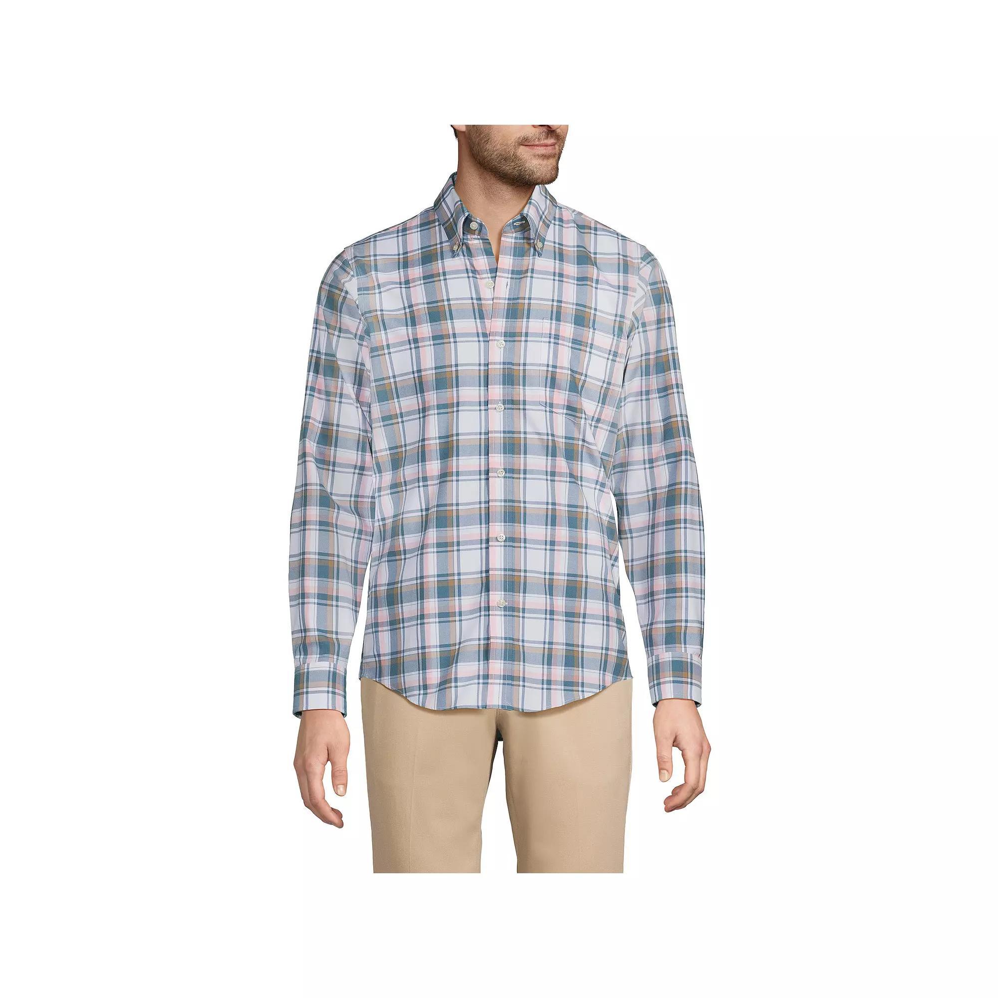 Big & Tall Lands' End Traditional-Fit No-Iron Twill Button-Down Shirt, Men's, Size: Large Tall, White Blue Plaid Product Image