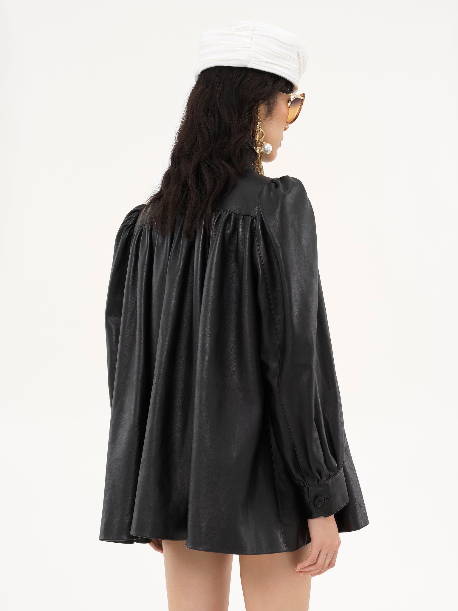 High-neck gathered coat in leather Product Image