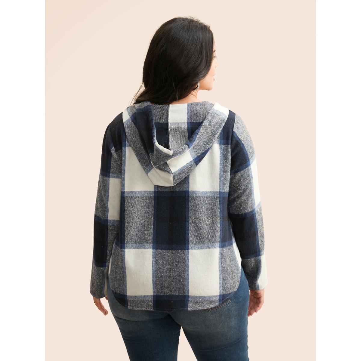 Plus Size Brushed Fabric Plaid Hooded Sweatshirt Women Indigo Casual Drawstring Hooded Everyday Sweatshirts BloomChic 26/4X Product Image