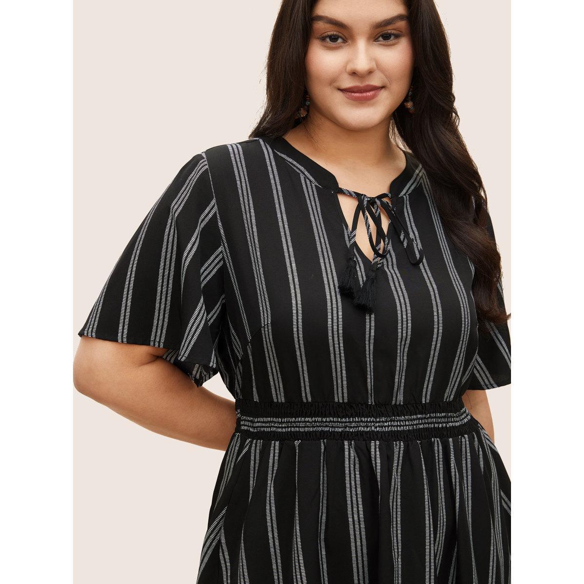 Plus Size Striped Patchwork Tassels Ties Shirred Dress Black Women Resort Non V-neck Short sleeve Curvy Midi Dress BloomChic 14-16/1X Product Image