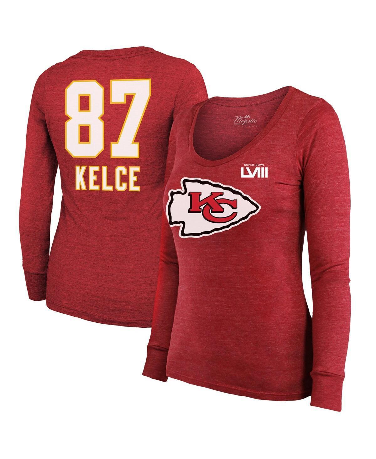 Women's Majestic Threads Patrick Mahomes Red Kansas City Chiefs Super Bowl LVIII Scoop Name & Number Tri-Blend Long Sleeve T-Shirt, Size: Small Product Image