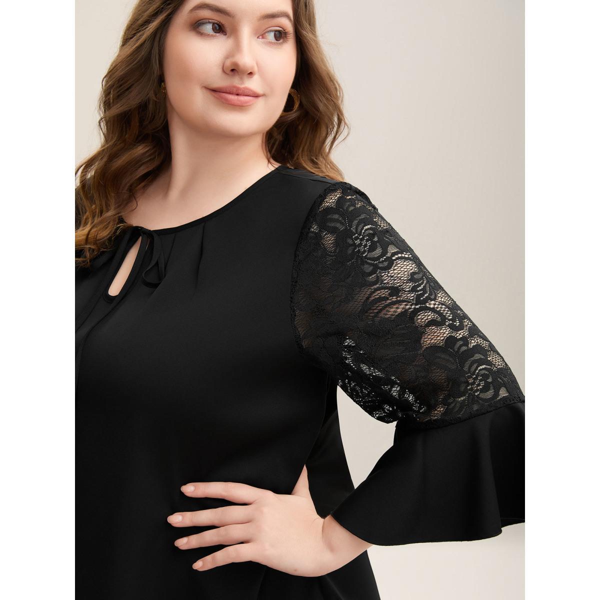 Plus Size Black Lace Sleeve Neck Tie Flared Blouse Women Elegant Elbow-length sleeve Round Neck Everyday Blouses BloomChic 22-24/3X Product Image