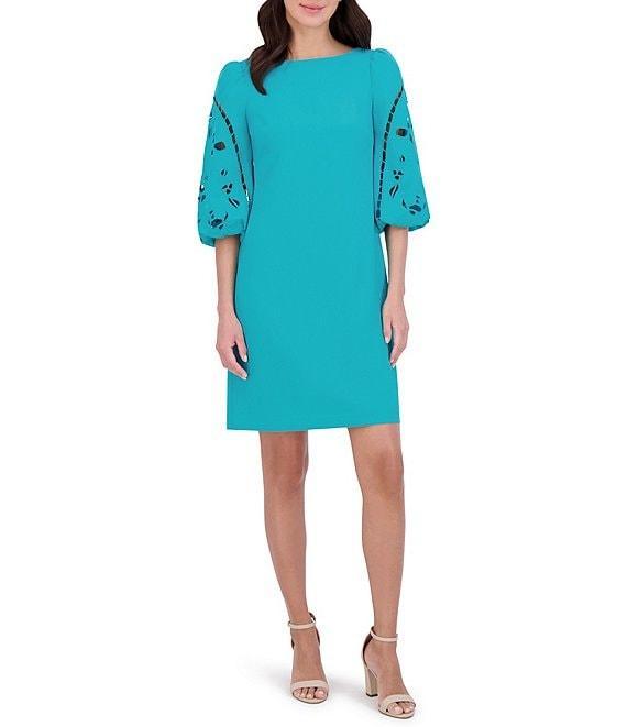 Vince Camuto Boat Neck 3/4 Laser-Cut Puff Sleeve Stretch Crepe Sheath Dress Product Image