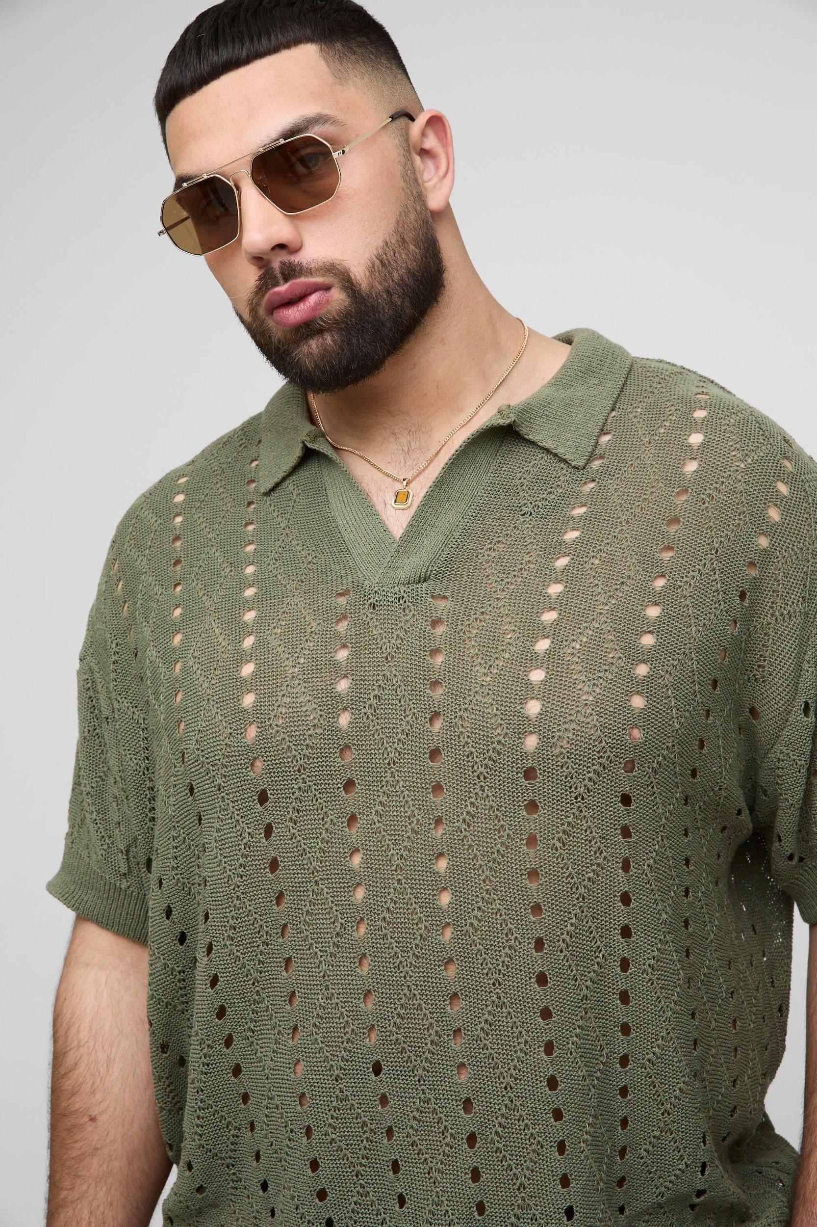 Plus Boxy Oversized Stripe Open Knit Polo | boohooMAN USA Product Image