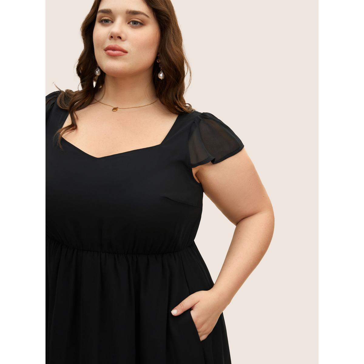Plus Size Mesh Patchwork Ruffle Cap Sleeve Midi Dress Black Women Elegant See through Heart neckline Cap Sleeve Curvy BloomChic 26/4X Product Image