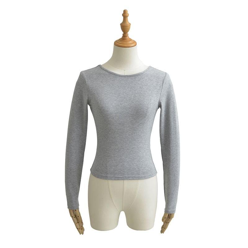 Long Sleeve Scoop Neck Plain Crop Tee Product Image