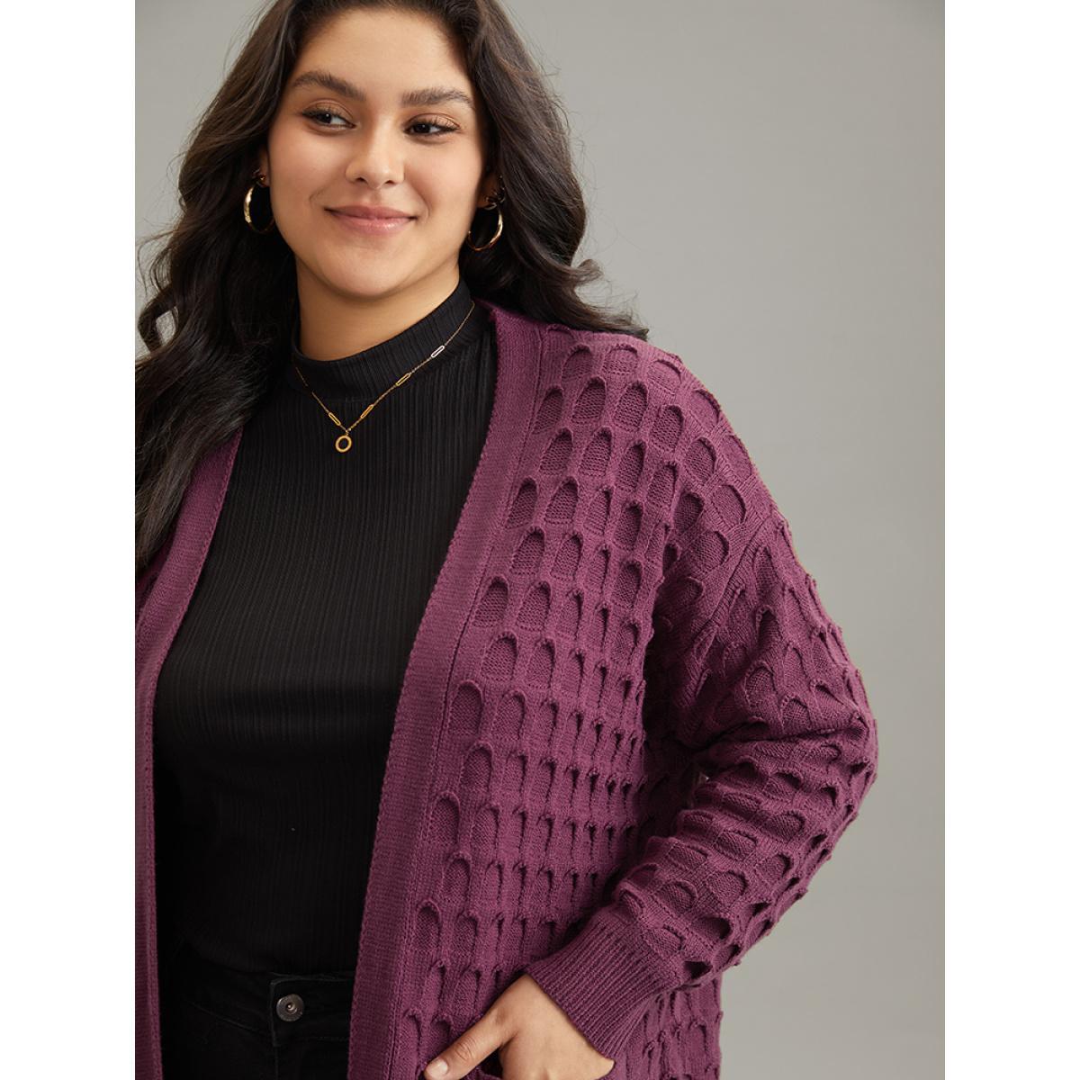 Plus Size Open Front Plisse Patched Pocket Loose Cardigan RedViolet Women Casual Loose Long Sleeve Everyday Cardigans BloomChic 12/L Product Image