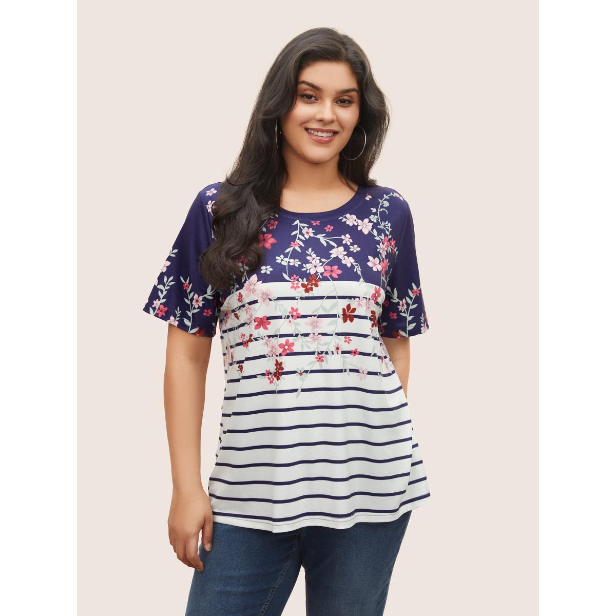 Plus Size Striped Contrast Boho Print Crew Neck T-shirt Indigo Women Casual Round Neck Everyday T-shirts BloomChic 30/6X Product Image