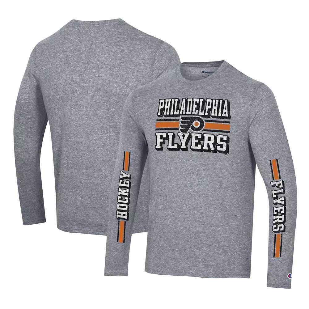 Men's Champion Heather Gray Philadelphia Flyers Tri-Blend Dual-Stripe Long Sleeve T-Shirt, Size: 2XL, Fly Grey Product Image