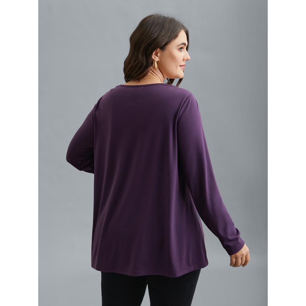 Plus Size Crew Neck Lace Detail Pleated T-Shirt Eggplant Women Elegant See through Round Neck Everyday T-shirts BloomChic 30/6X Product Image