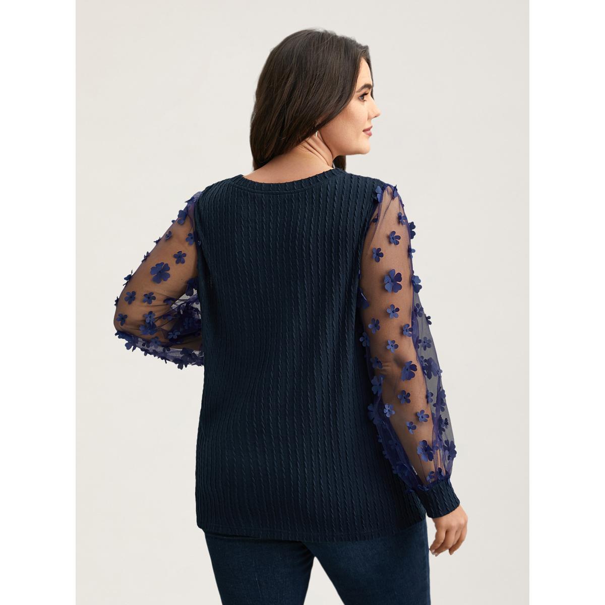 Plus Size Sheer Sleeve Textured Patchwork Round Neck T-Shirt Indigo Women Elegant Texture Round Neck Everyday T-shirts BloomChic 14-16/1X Product Image