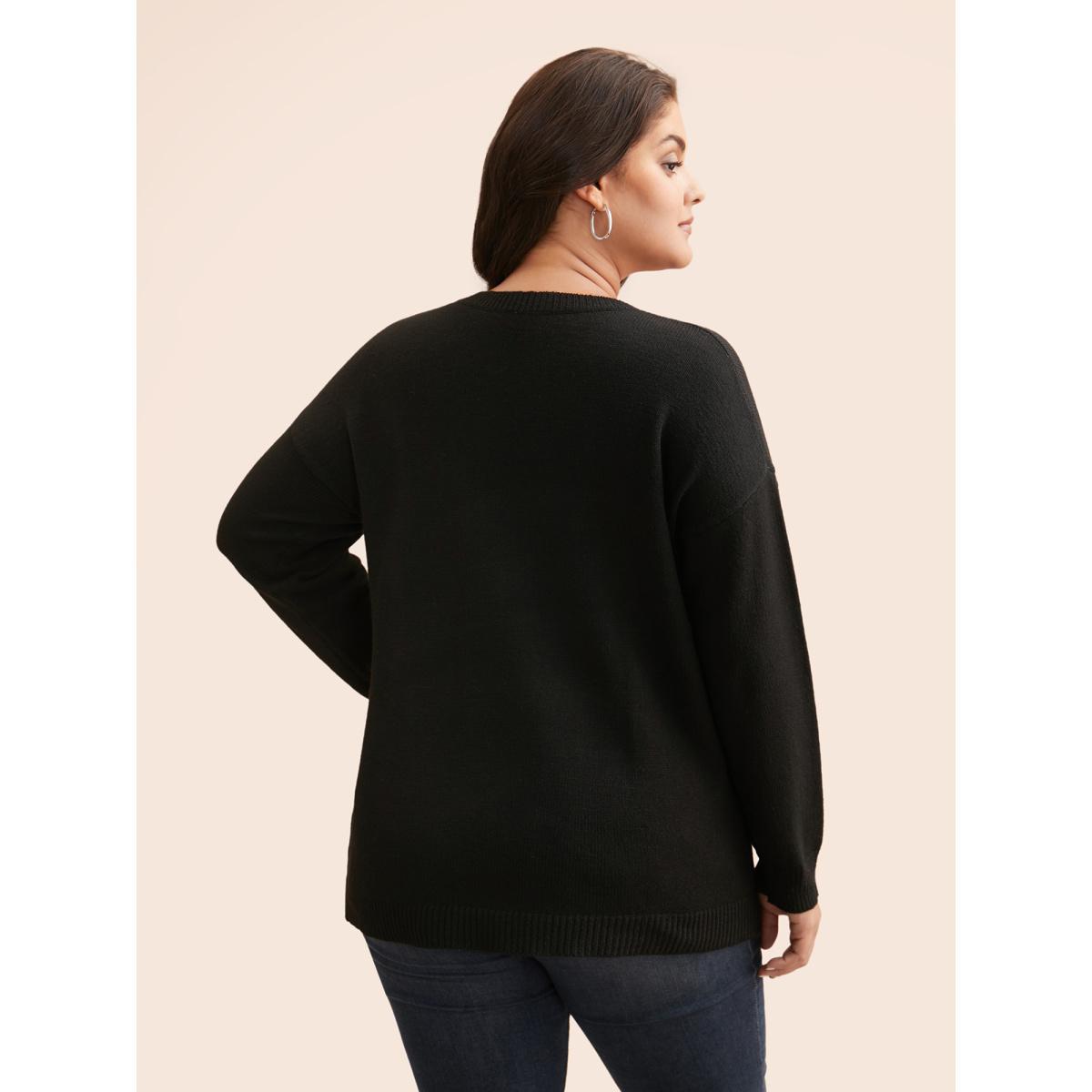 Plus Size Crochet Floral Crew Neck Pullover Black Women Casual Loose Long Sleeve Round Neck Everyday Pullovers BloomChic 30/6X Product Image