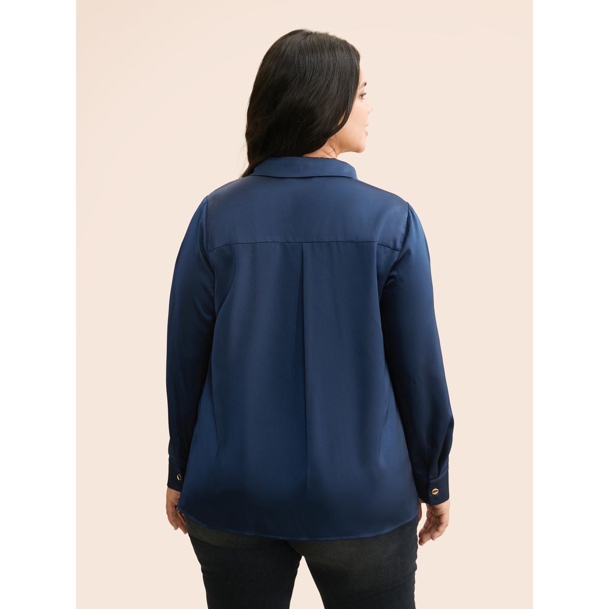 Plus Size Indigo Shirt Collar Metal Detail Blouse Women Elegant Long Sleeve Shirt collar Everyday Blouses BloomChic 28/5X Product Image