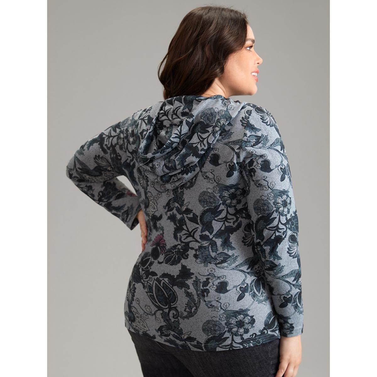 Plus Size Floral Print Hooded T-shirt DimGray Women Elegant Printed Floral Hooded Dailywear T-shirts BloomChic 22-24/3X Product Image