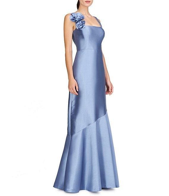 Kay Unger Satin Square Neck Sleeveless Rosette A-Line Gown Product Image
