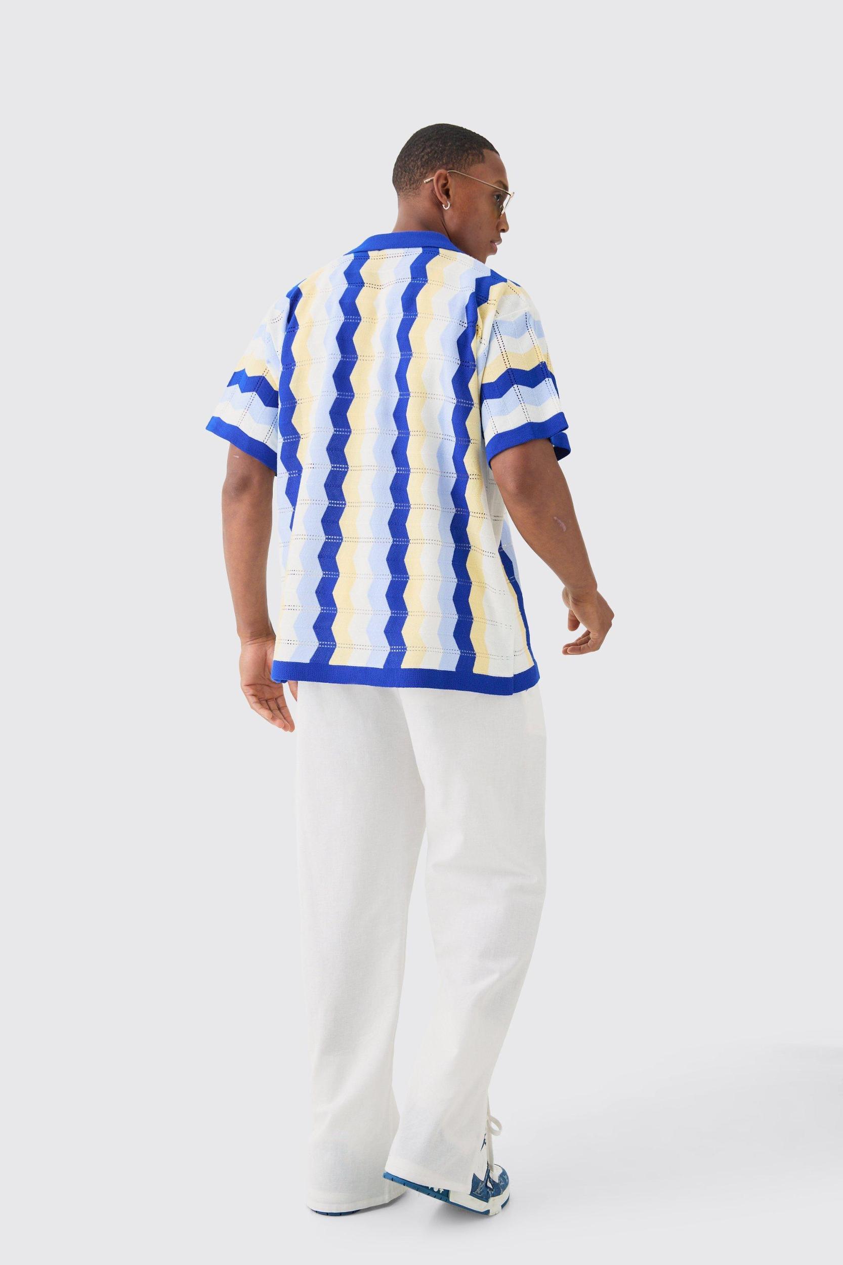 Oversized Boxy Revere Open Knit Stripe Shirt In Blue | boohooMAN USA Product Image