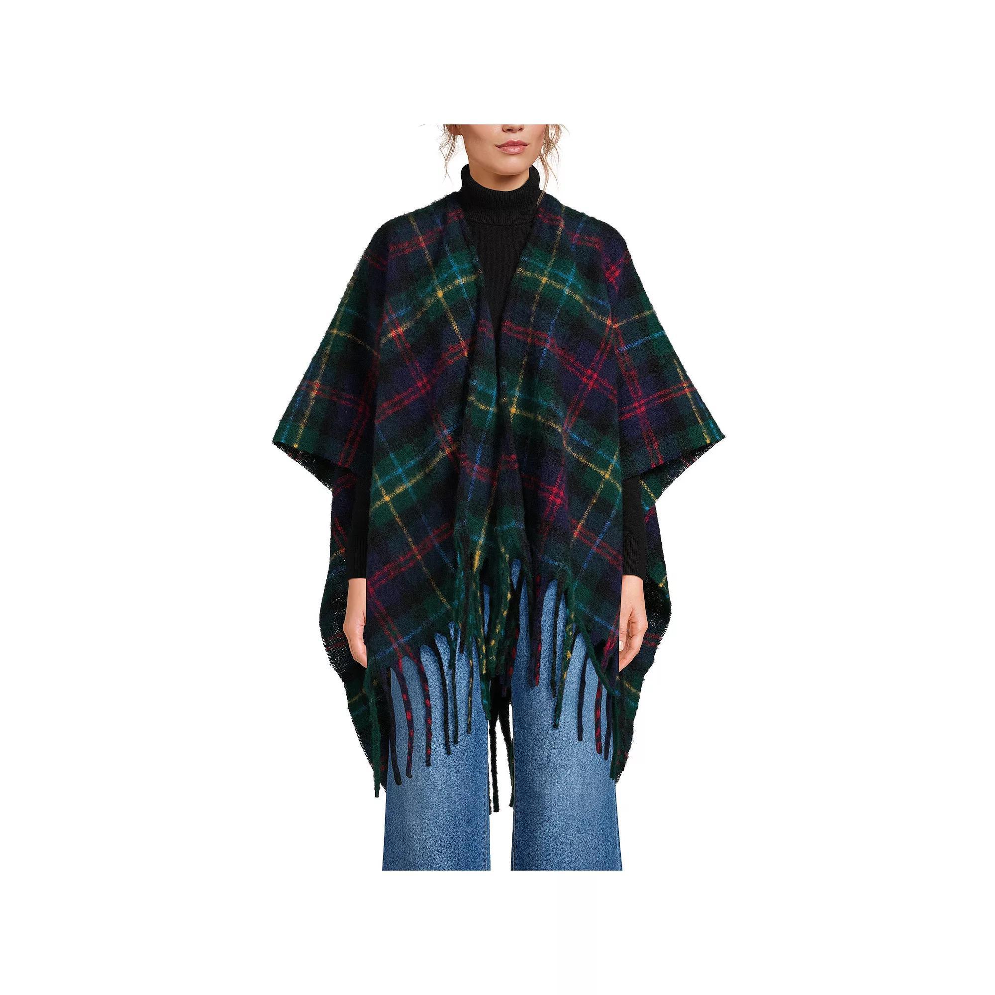 Womens Lands' End Brushed Boucle Ruana, Blackwatch Plaid Product Image