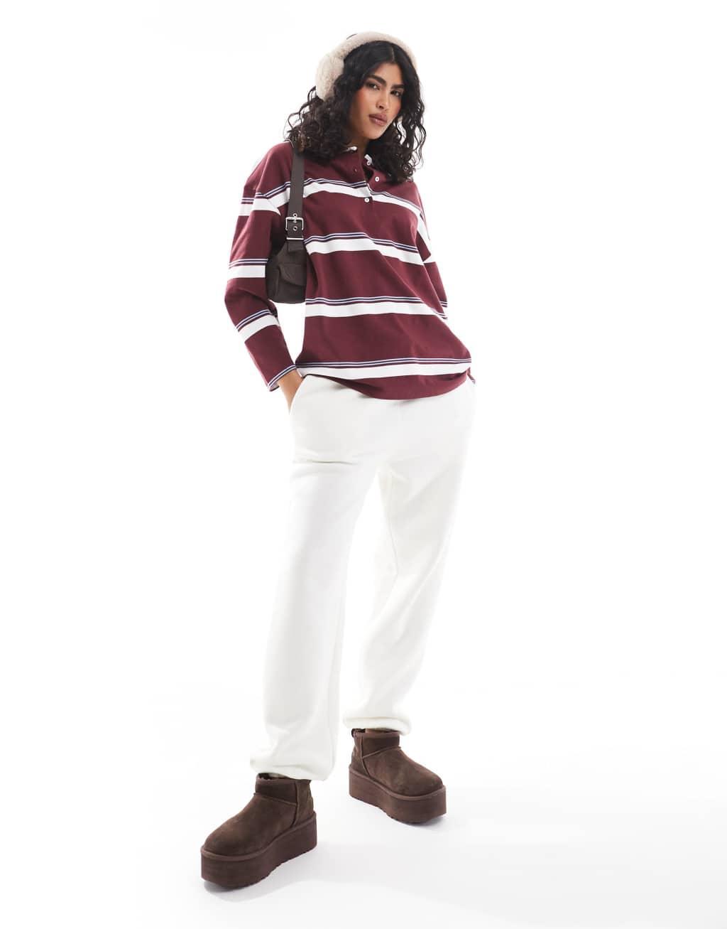 Stradivarius oversized polo shirt in burgundy and white stripe Product Image