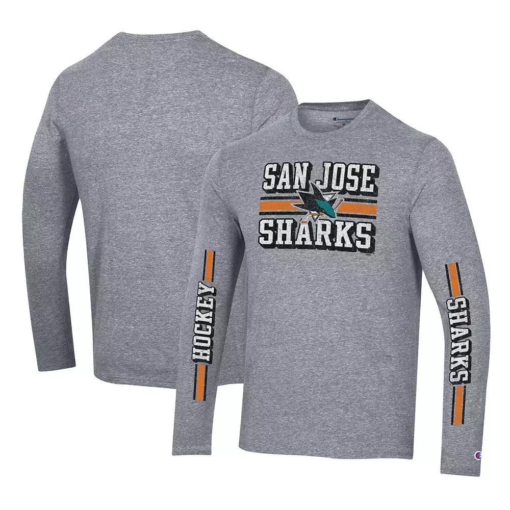 Men's Champion Heather Gray San Jose Sharks Tri-Blend Dual-Stripe Long Sleeve T-Shirt, Size: Large, Sks Grey Product Image