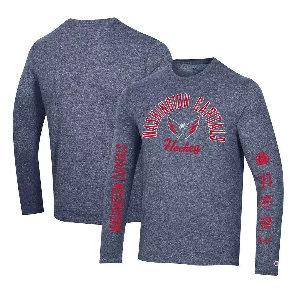 Men's Champion Heather Navy Washington Capitals Multi-Logo Tri-Blend Long Sleeve T-Shirt, Size: Medium, Blue Product Image