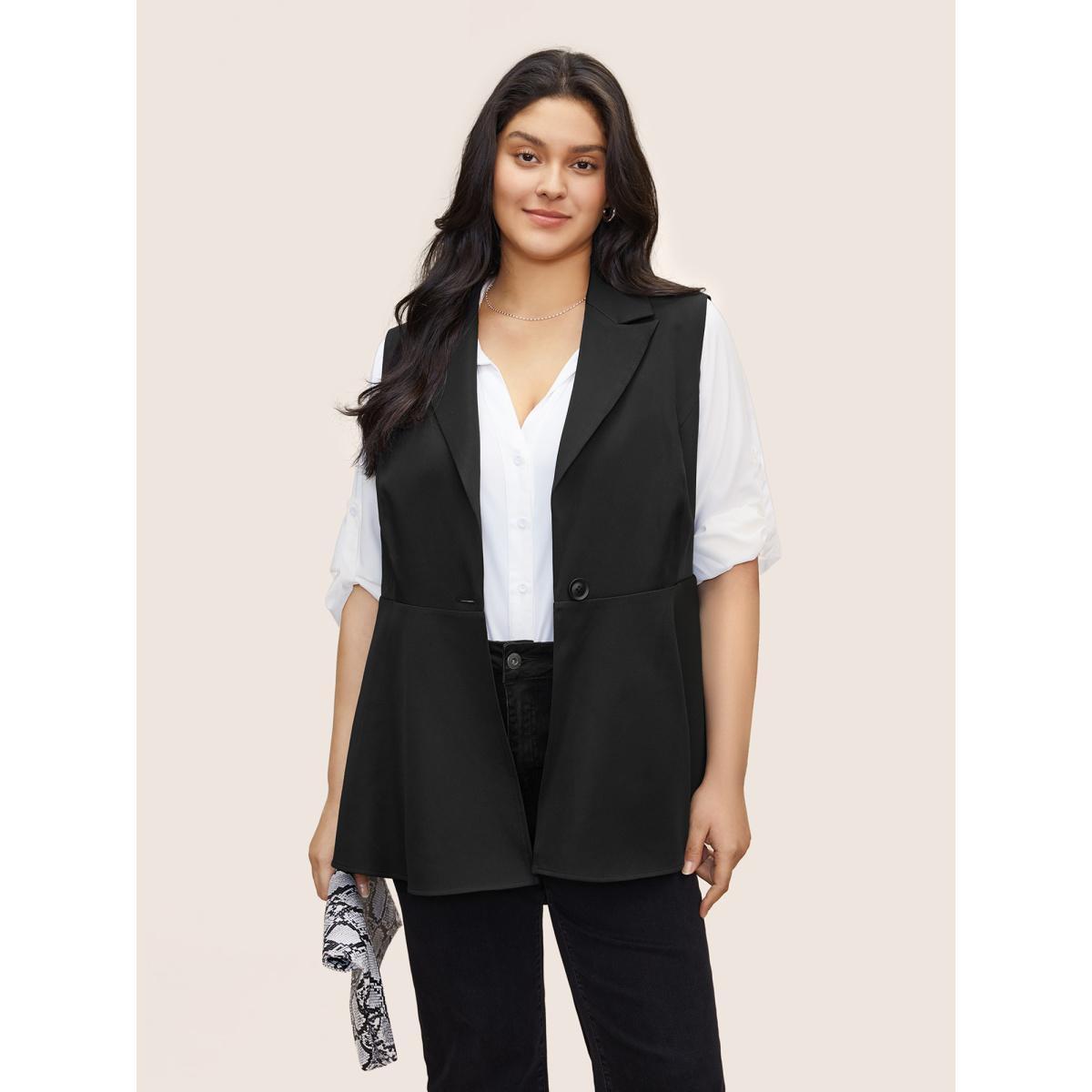 Plus Size Plain Flutter Hem Button Through Sleeveless Blazer Black Women Work Plain Non Sleeveless Sleeveless Suit Collar 14-16/1X Workwear Essentials Blazers BloomChic Product Image