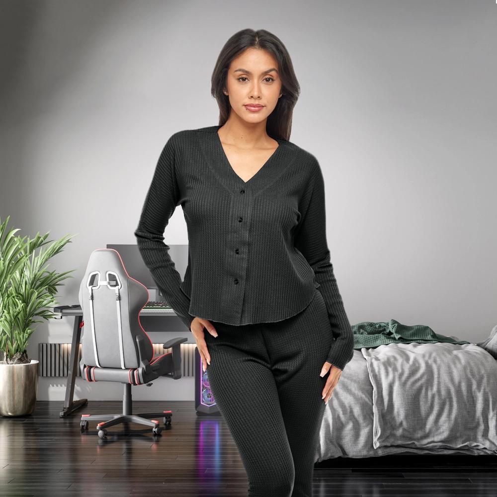 ADR Women's Pajamas Set, Soft Ribbed Knit Waffle Pajamas Lounge Set, Long Sleeve Drop Shoulder V-neck Top and Leggings PJ Pants Product Image