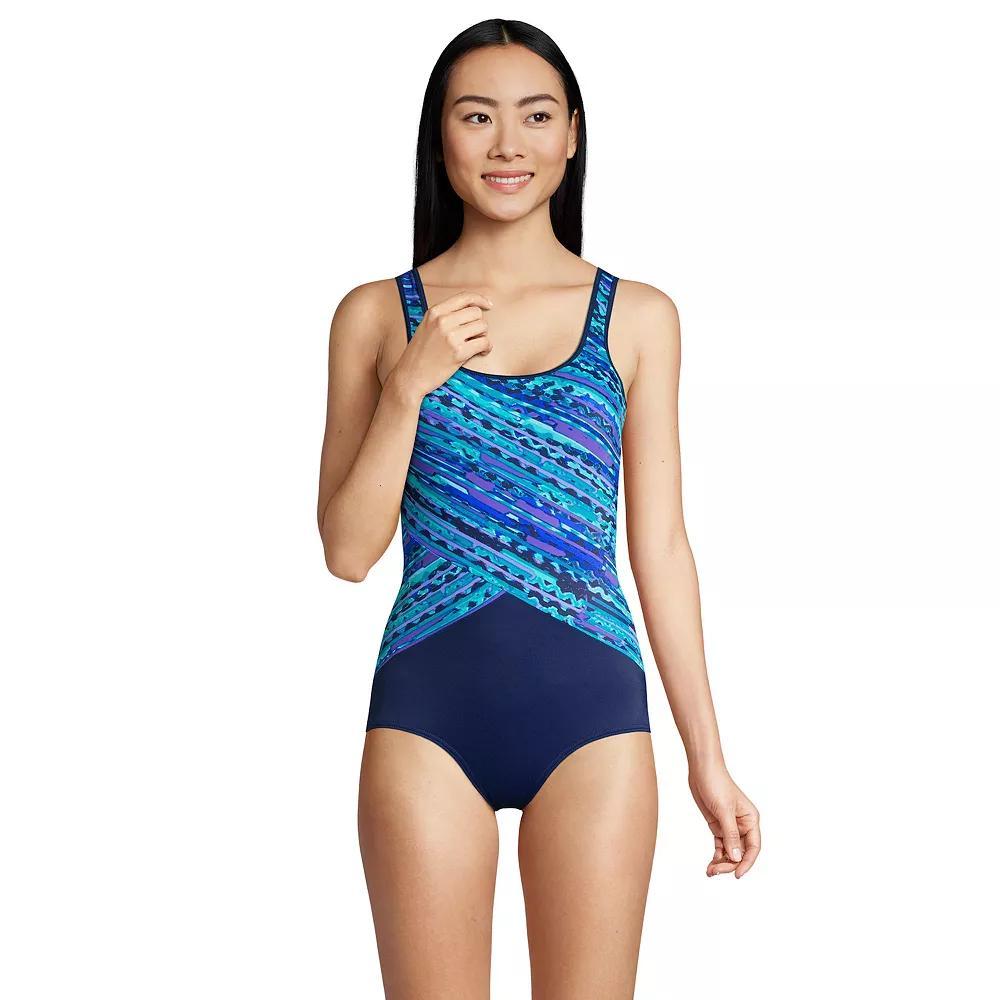 Women's Lands' End Tugless Sporty Tummy Control One-Piece Swimsuit, Size: 4, Blue Ombre Ripples Product Image