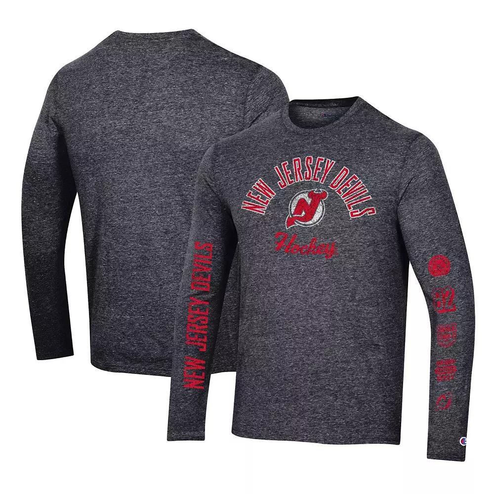 Men's Champion Heather Black New Jersey Devils Multi-Logo Tri-Blend Long Sleeve T-Shirt, Size: 2XL, Nhl Charco Product Image