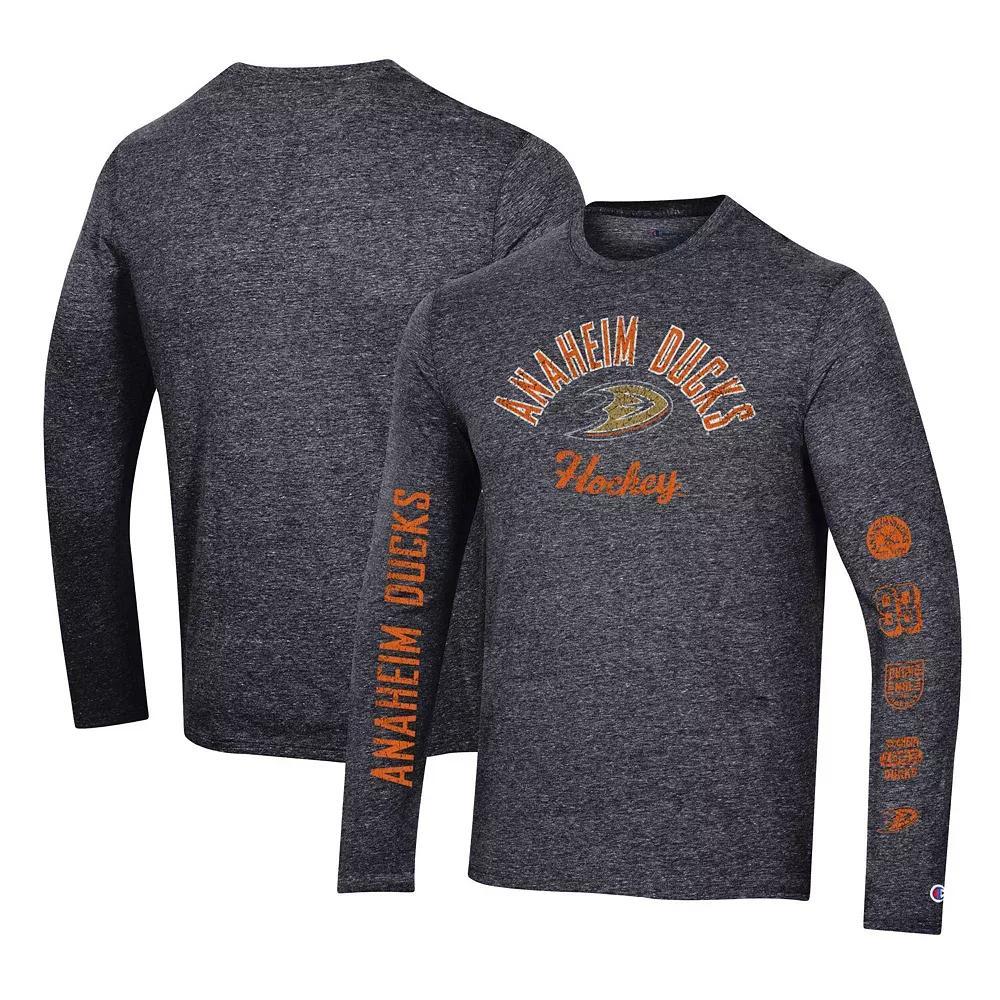 Men's Champion Heather Black Anaheim Ducks Multi-Logo Tri-Blend Long Sleeve T-Shirt, Size: 2XL, Dks Charco Product Image