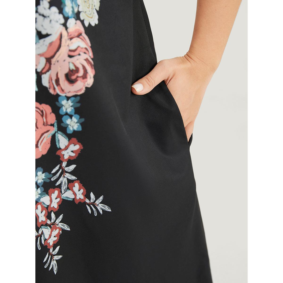Plus Size Bandana Pocket Round Neck Batwing Sleeve Dress BlackFlower Women Vacation Printed Round Neck Cap Sleeve Curvy Knee Dress BloomChic 28/5X Product Image