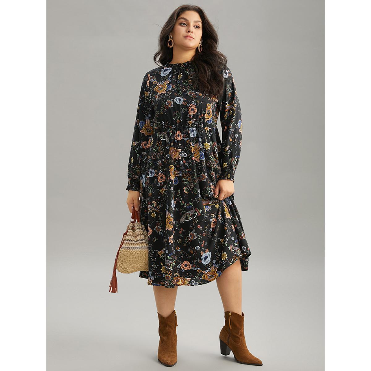 Plus Size Floral Print Shirred Gathered Stand Collar Dress Black Women Vacation Gathered Stand-up collar Long Sleeve Curvy Midi Dress BloomChic 22-24/3X Product Image