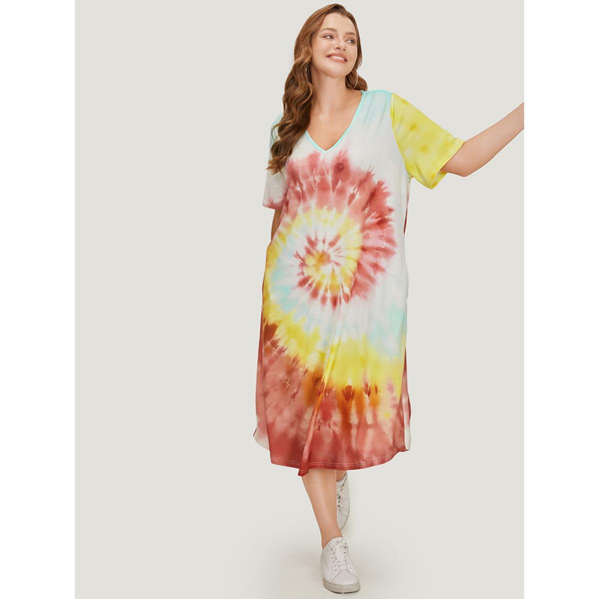 Plus Size Tie Dye Pocket Short Sleeve V Neck Midi Dress Multicolor Women Casual Printed V-neck Short sleeve Curvy Midi Dress BloomChic 28/5X Product Image