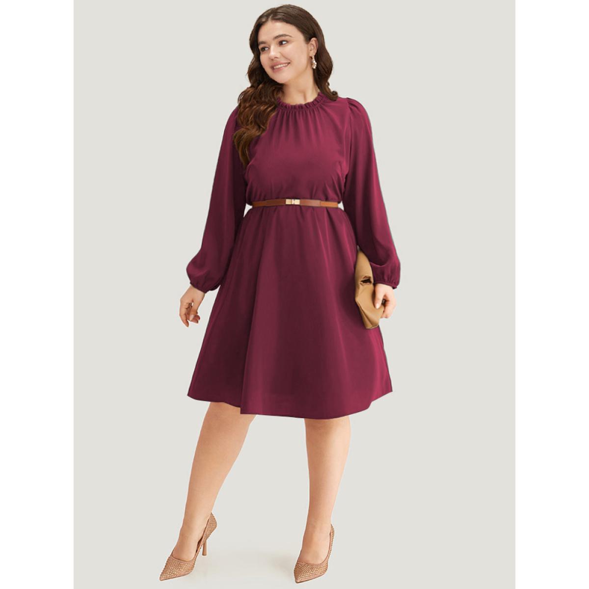 Plus Size Anti-Wrinkle Frill Trim Elastic Cuffs Dress DarkGreen Women Office Elastic cuffs Mock Neck Long Sleeve Curvy Midi Dress BloomChic 26/4X Product Image