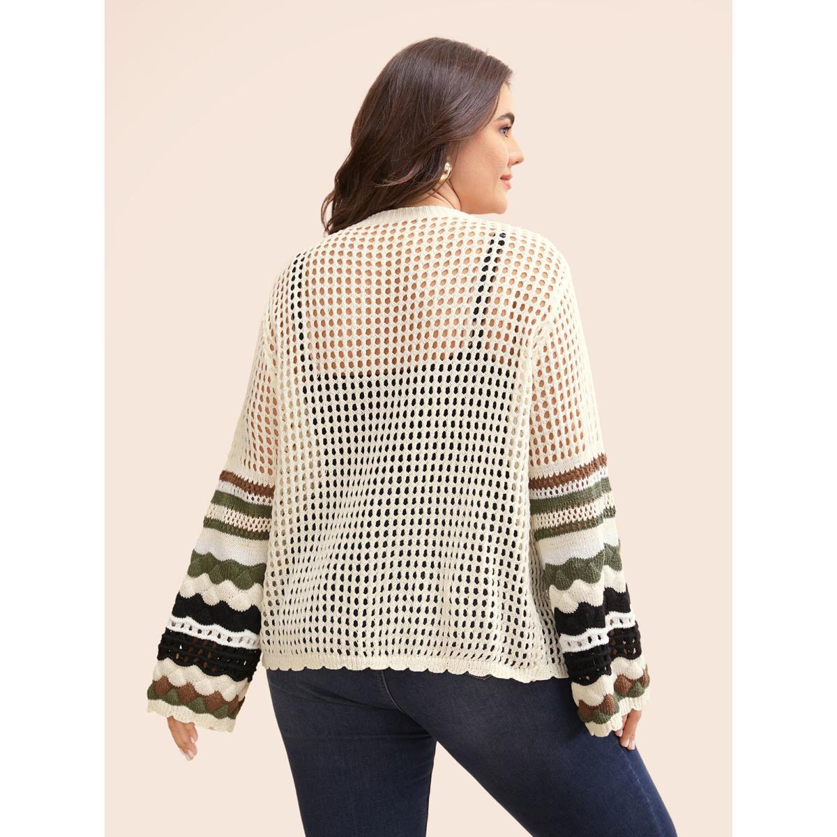 Plus Size Striped Cut Out Bell Sleeve Cardigan Beige Women Casual Loose Three Quater Length Sleeve Everyday Cardigans BloomChic 28/5X Product Image