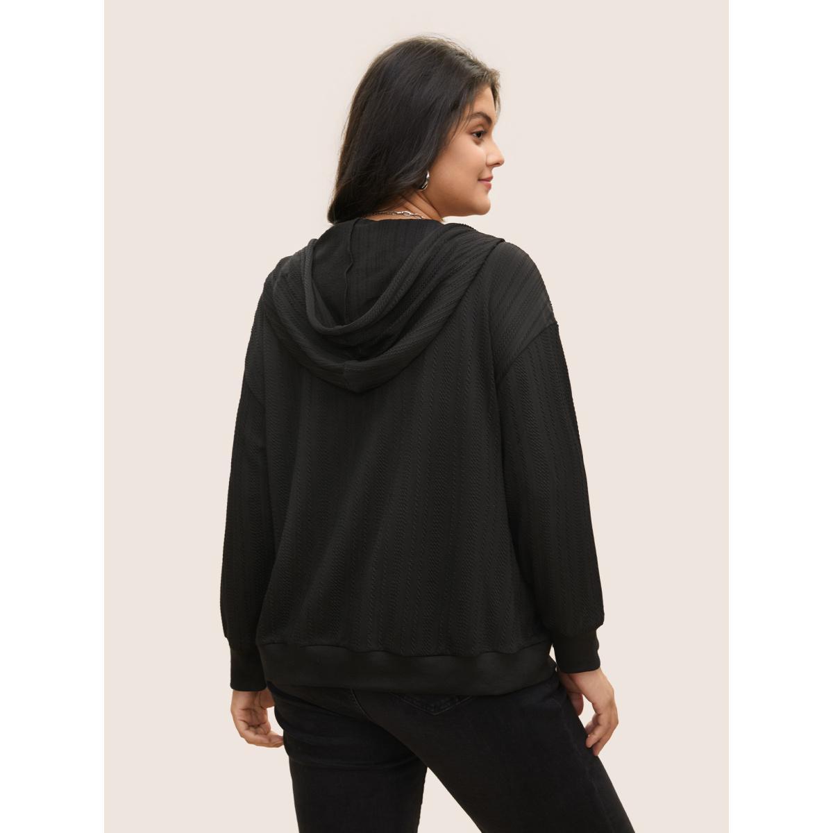 Plus Size Plisse Drawstring Hooded Flap Pocket Front Jacket Women Black Non Patch pocket Everyday Jackets BloomChic 18-20/2X Product Image