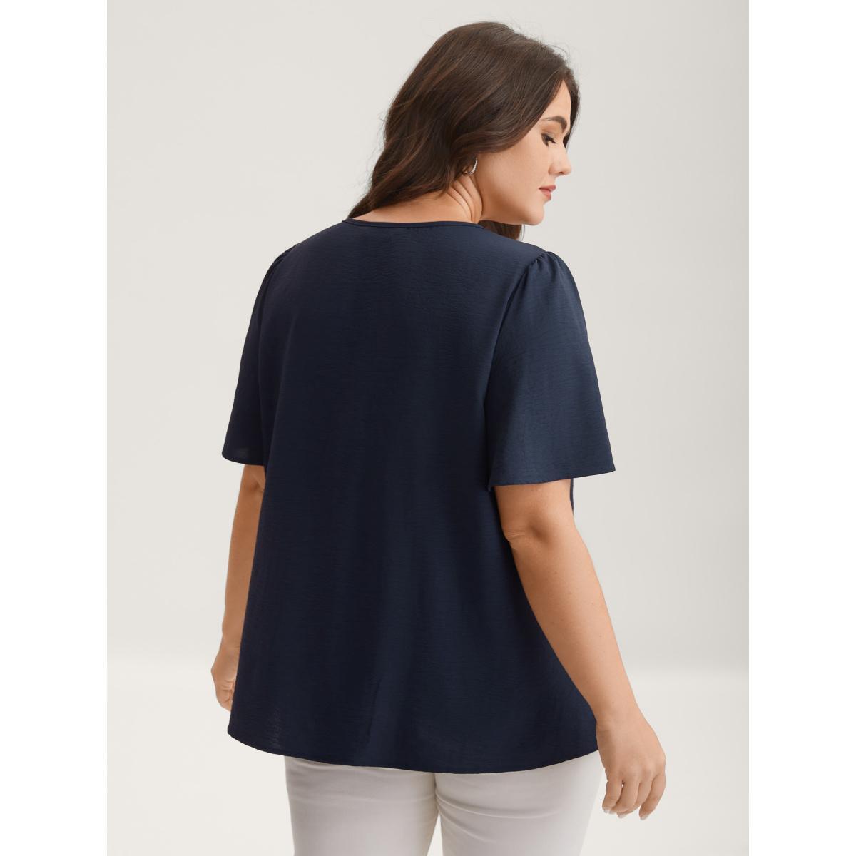Plus Size Indigo Toothpick Pleated Neck Tie Solid Blouse Women Short sleeve Non Everyday-Elegant Blouses BloomChic 28/5X Product Image