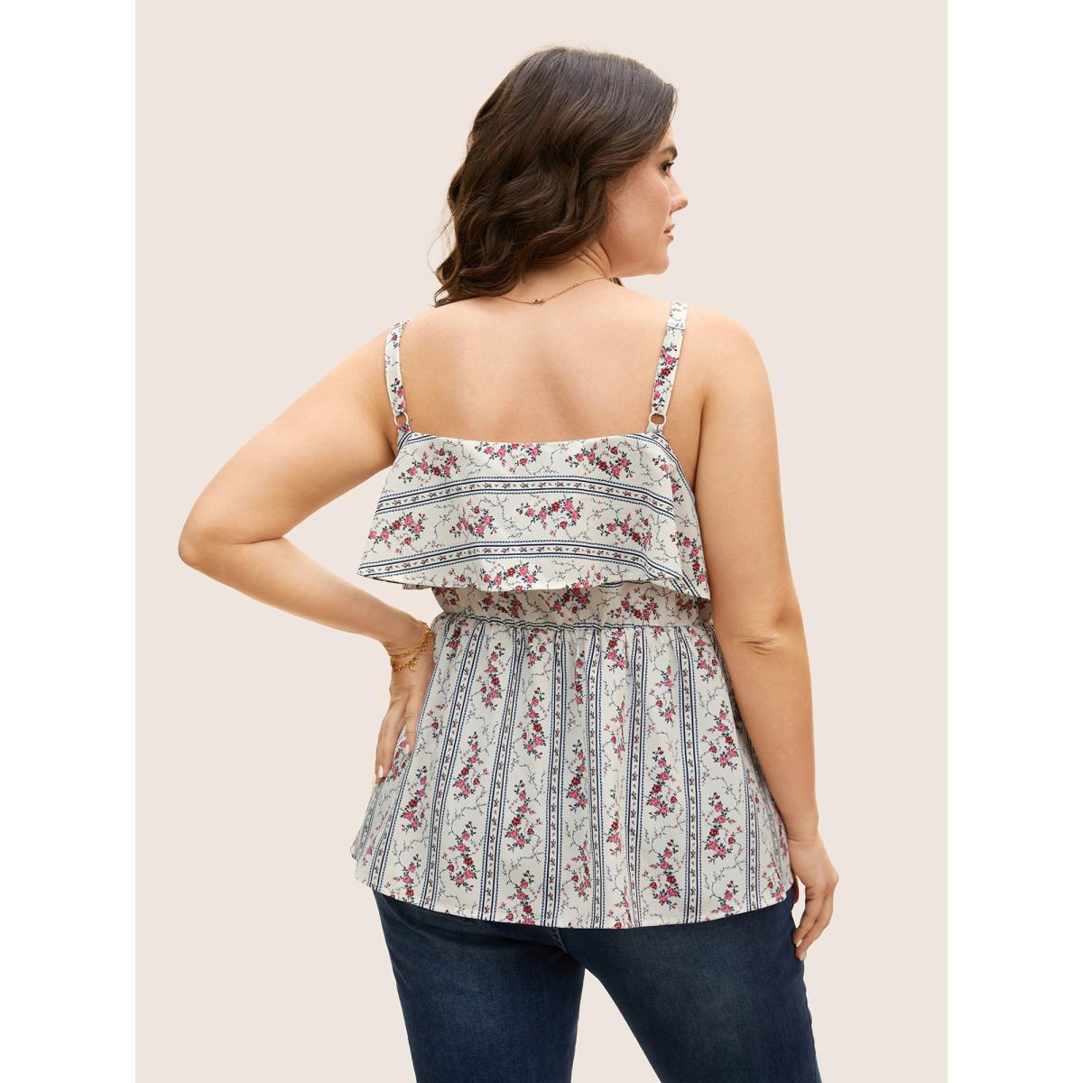 Plus Size Boho Print Ruffle Trim Elastic Waist Cami Top Women Originalwhite Elegant Contrast One-shoulder neck Everyday Tank Tops Camis BloomChic 30/6X Product Image