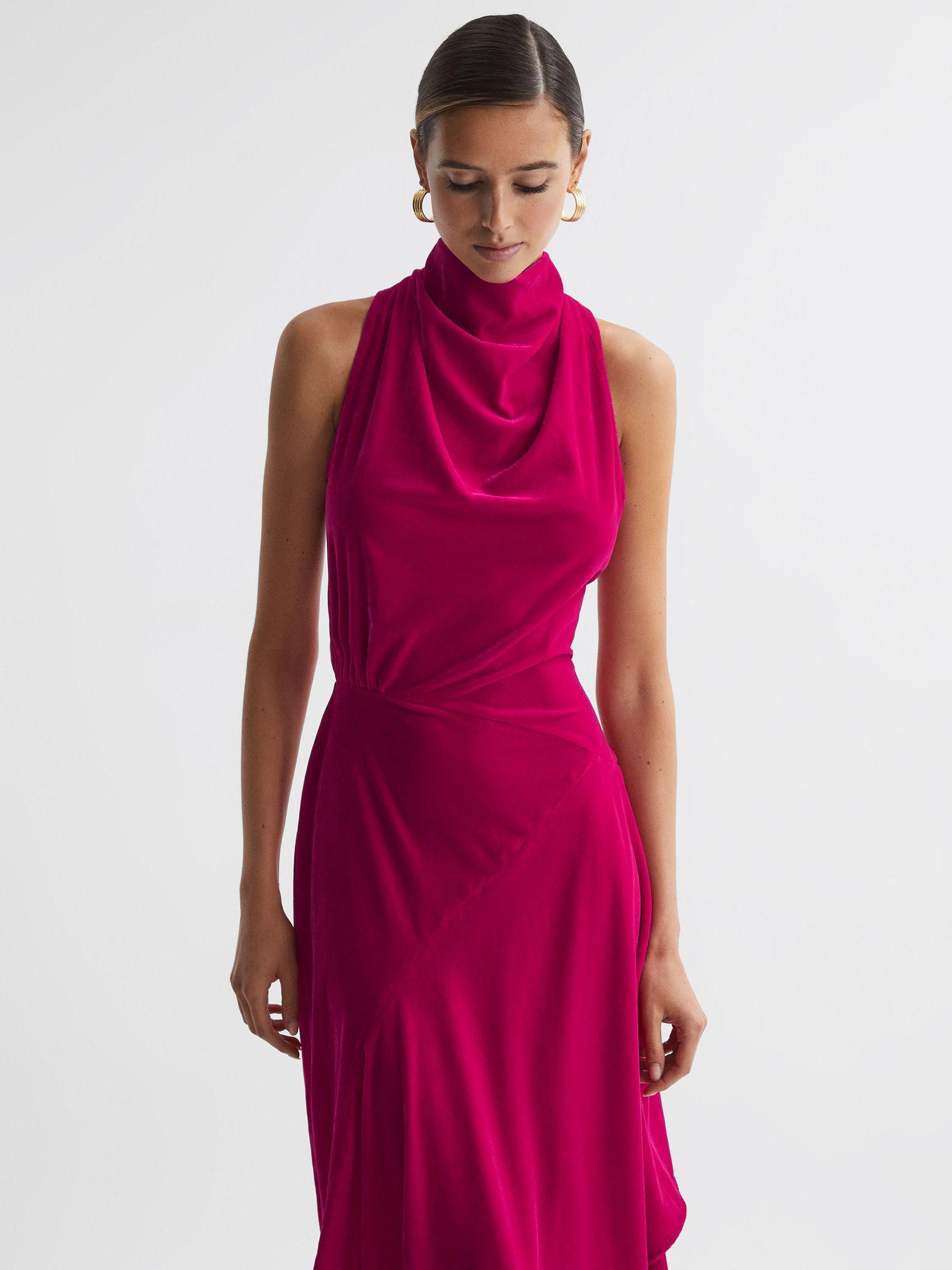 Velvet Funnel Neck Asymmetric Midi Dress in Pink Product Image