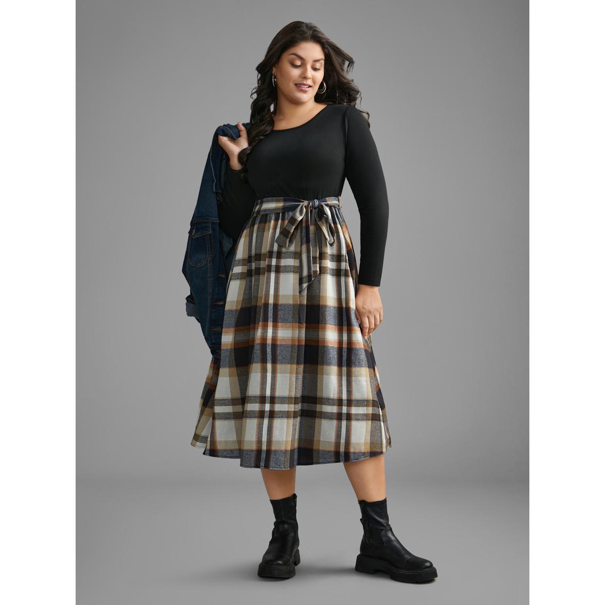 Plus Size Plaid Patchwork Elastic Waist Belted Dress Black Women Casual Belted Round Neck Long Sleeve Curvy BloomChic 10/M Product Image