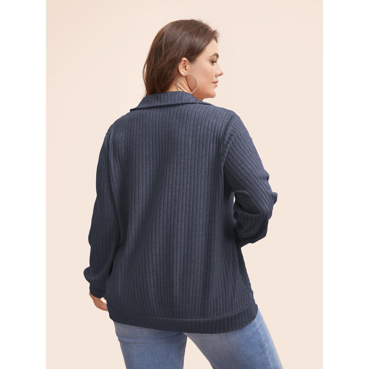 Plus Size Solid Pit Strip Stretch Sweatshirt Women Indigo Casual Texture V-neck Everyday Sweatshirts BloomChic 12/L Product Image