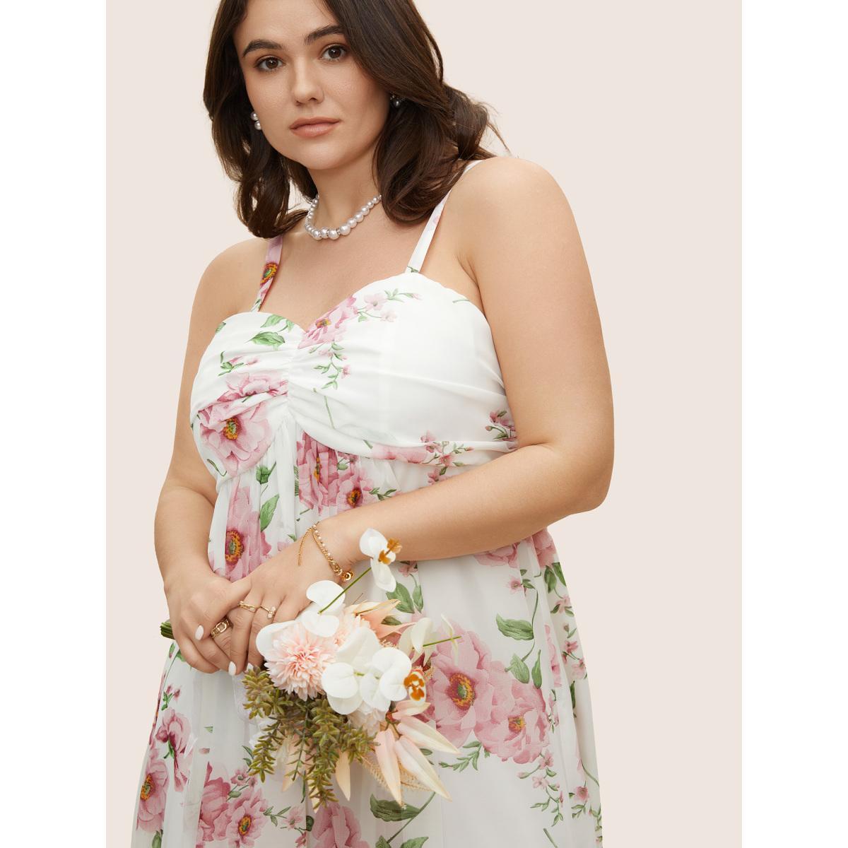 Plus Size Floral Mesh Ruched Adjustable Straps Dress Pink Women Formal Gathered Non Sleeveless Curvy BloomChic 18-20/2X Product Image