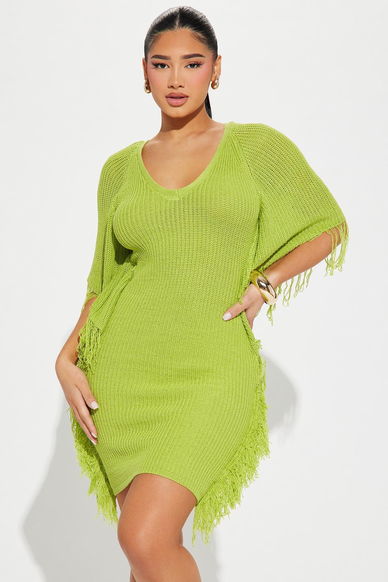 Dia Knit Solid Fringe Mini Dress - Chartreuse Product Image