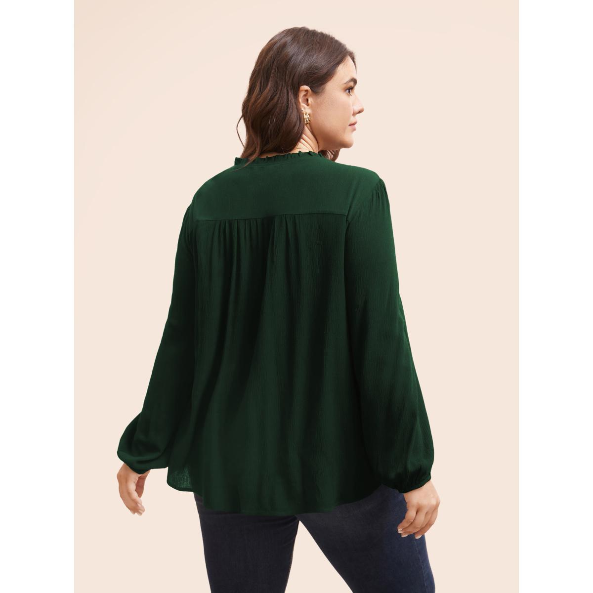 Plus Size DarkGreen Lace Patchwork Pleated Ruffles Blouse Women Elegant Long Sleeve V-neck Everyday Blouses BloomChic 18-20/2X Product Image
