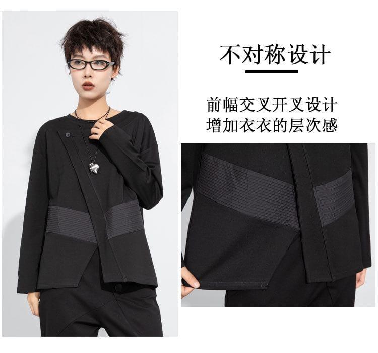 Long Sleeve Crew Neck Plain Panel Pintuck Top Product Image