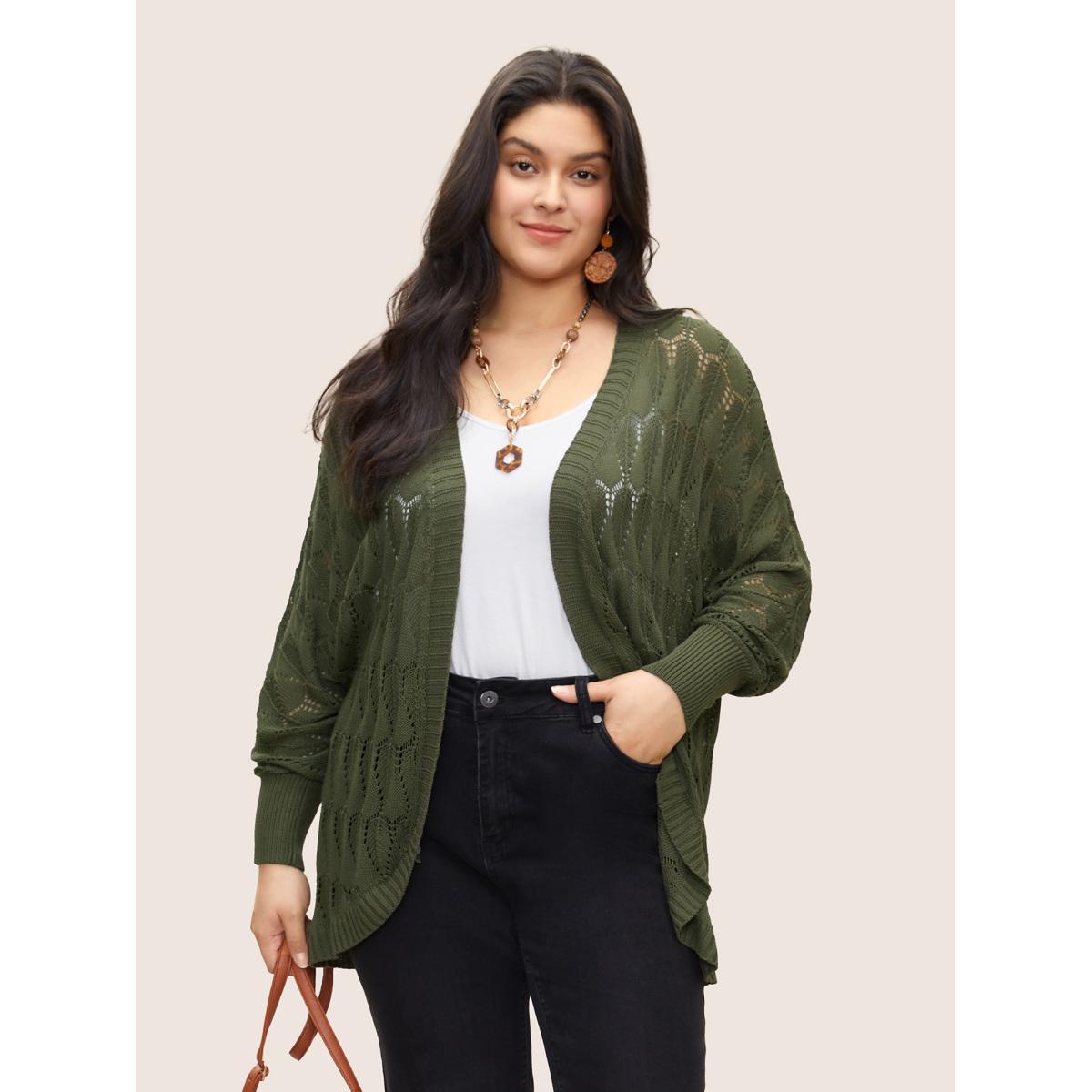 Plus Size Solid Geometric Hollow Out Batwing Sleeve Cardigan ArmyGreen Women Everyday Casual Cover Ups Bloomchic 28/5X Product Image