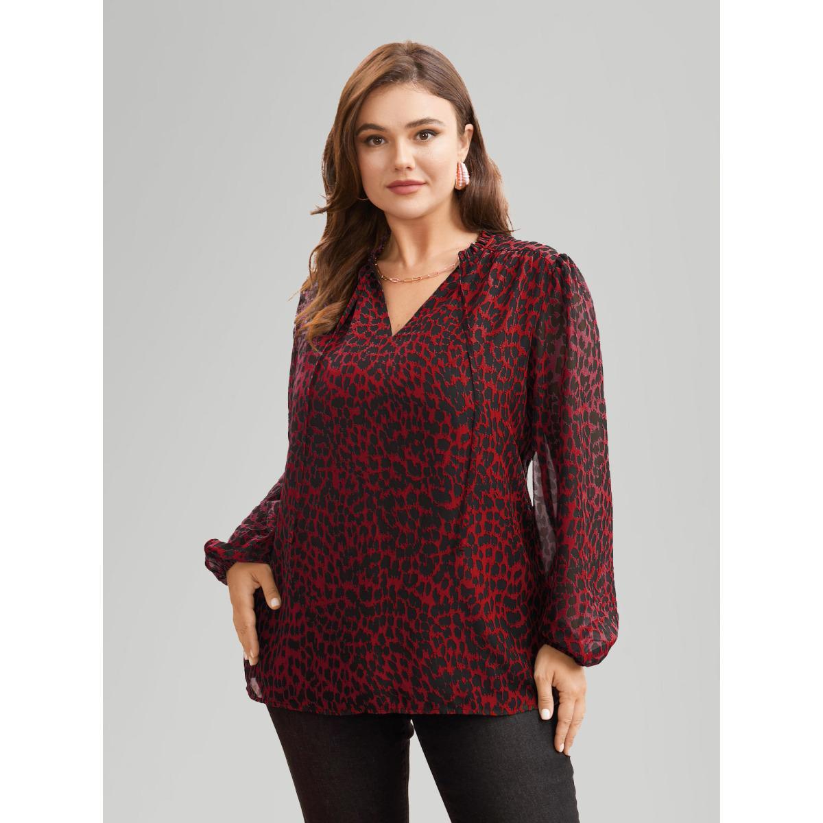 Plus Size Crimson Leopard Print Tie Knot Lantern Sleeve Blouse Women Elegant Long Sleeve V-neck Everyday Blouses BloomChic 26/4X Product Image