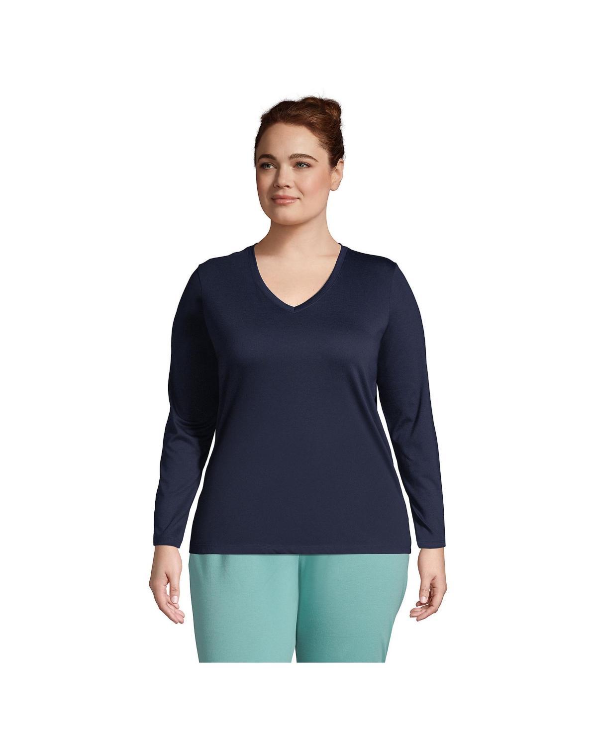 Plus Size Lands' End Long Sleeve Relaxed-Fit Supima Cotton V-Neck Tee, Women's, Size: 3XL, Black Product Image