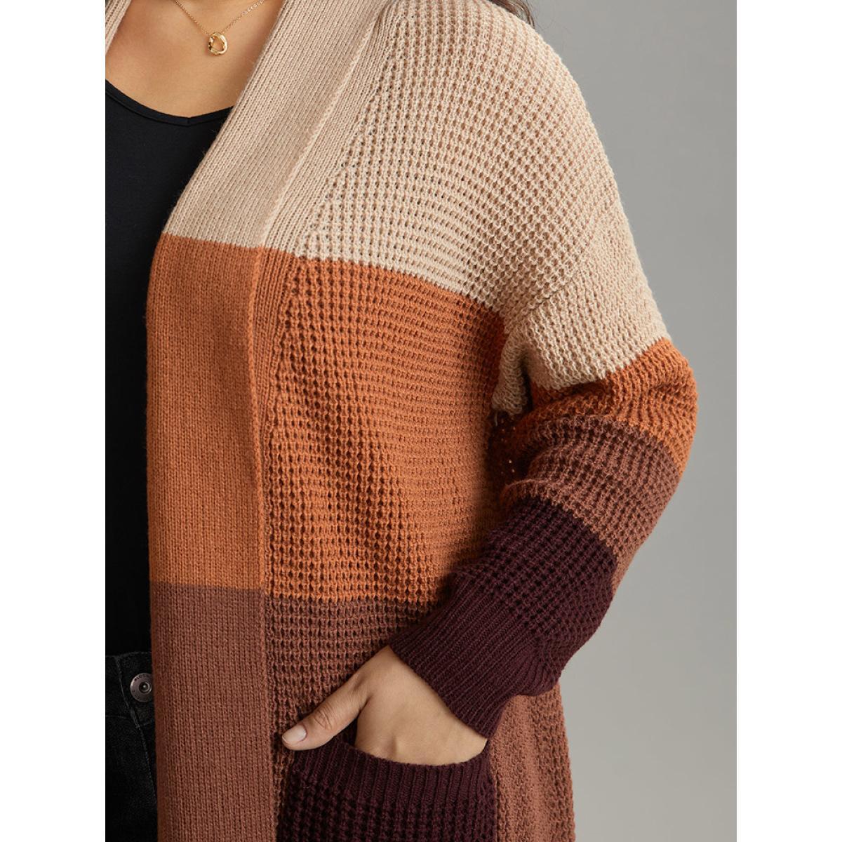 Plus Size Colorblock Contrast Pocket Open Front Cardigan Multicolor Women Casual Loose Long Sleeve Dailywear Cardigans BloomChic 28/5X Product Image