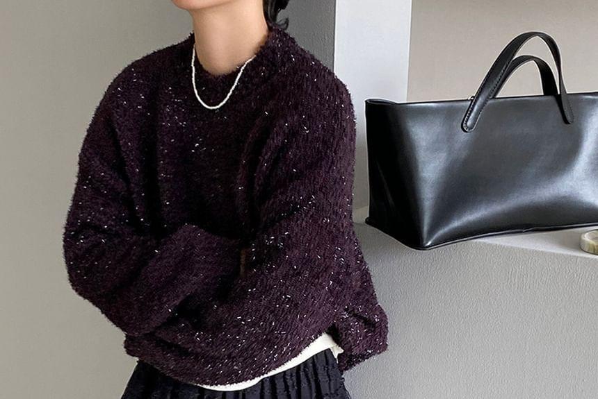 Mock Neck Plain Glitter Sweater Product Image