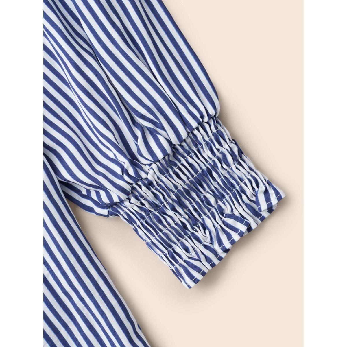 Plus Size Mediumblue Striped Shirt Collar Shirred Blouse Women Elegant Long Sleeve Shirt collar Everyday Blouses BloomChic 12/L Product Image